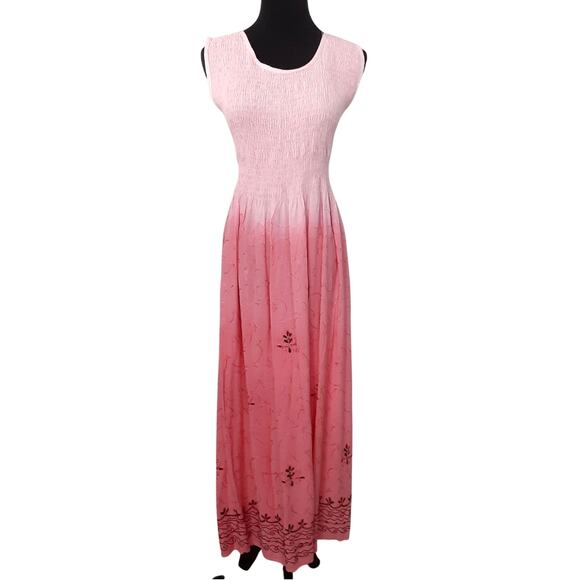 Pink Smocked Sun Dress Soutache Applique Maxi Beach Cover Up Resort Dip Dye - Picture 2 of 10